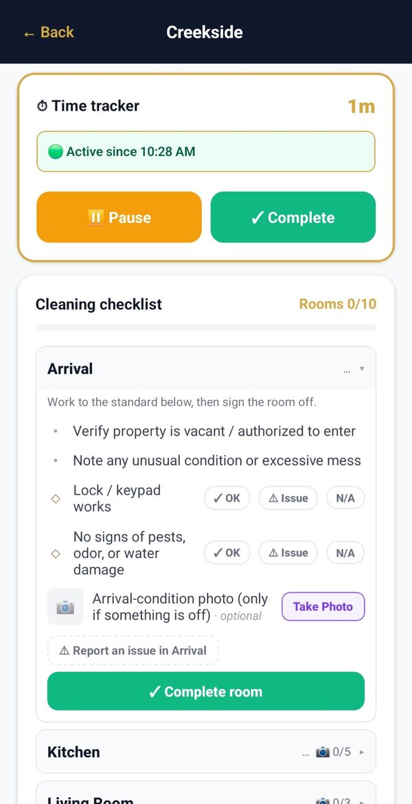 Rinsebase crew app time tracker and room-by-room cleaning checklist with OK, Issue and N/A checks