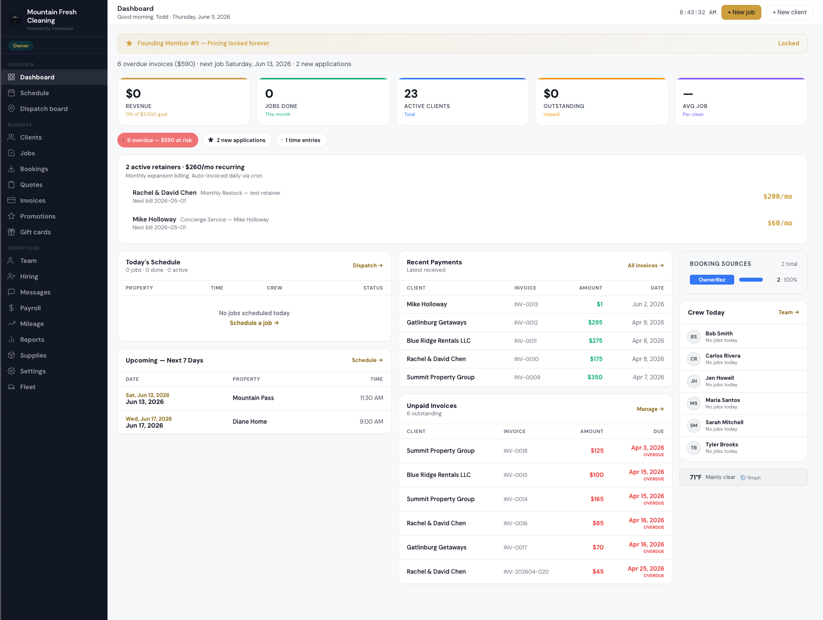 Rinsebase owner dashboard — jobs, invoices, crew dispatch