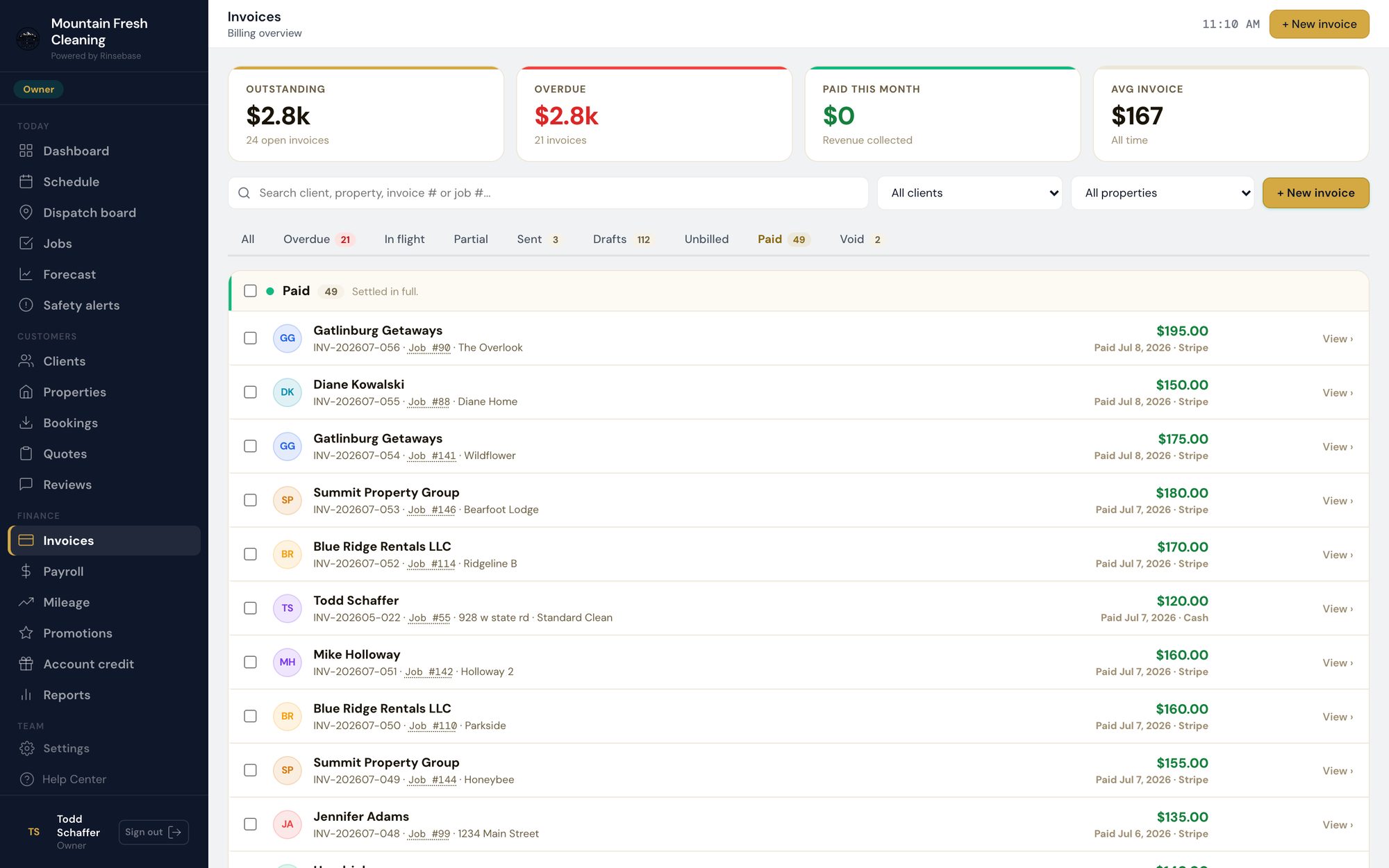 Rinsebase Invoices — paid invoices with the client, property, job and Stripe payment