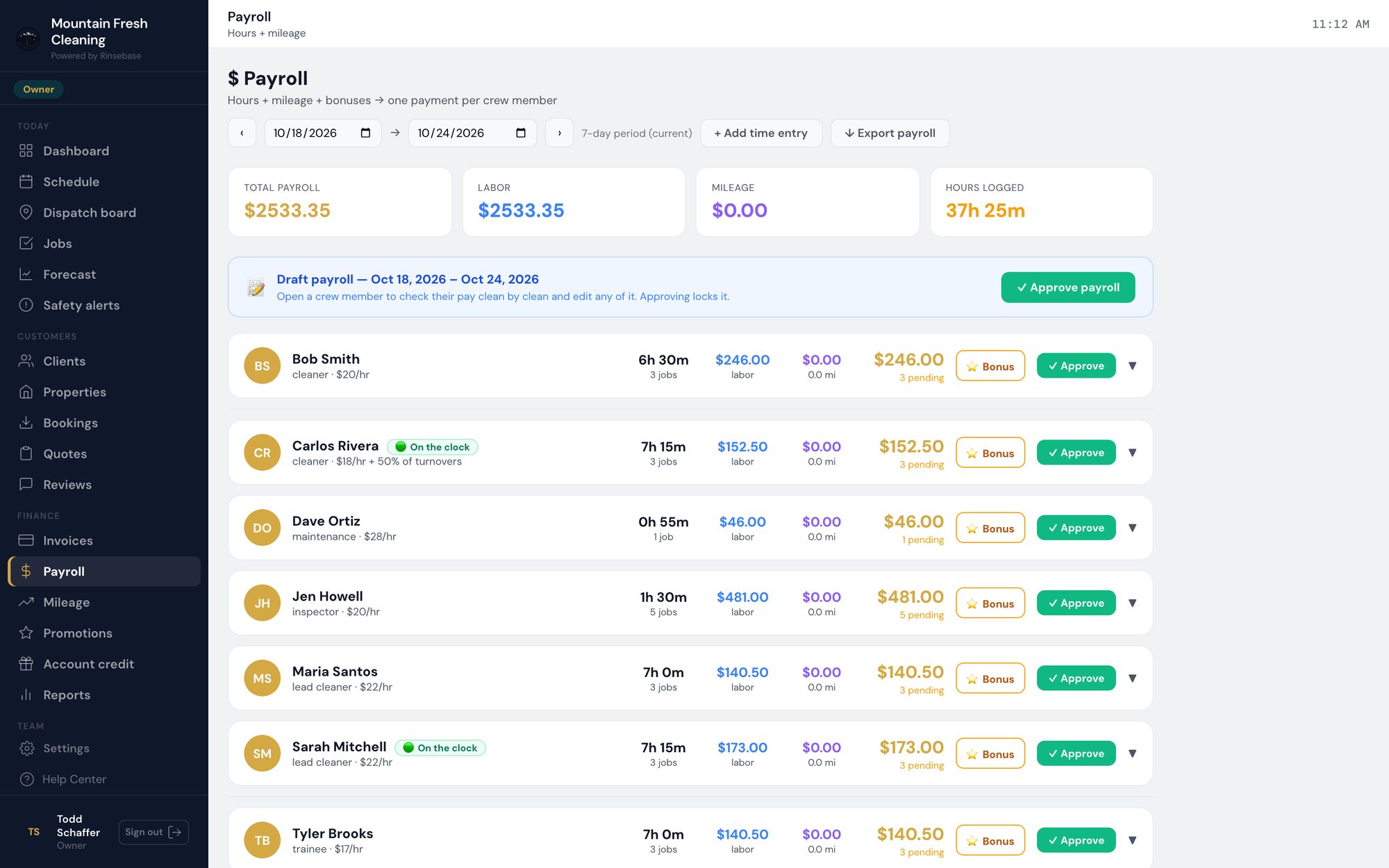 Rinsebase Payroll — this week's hours, labor and pay per crew member, ready to approve