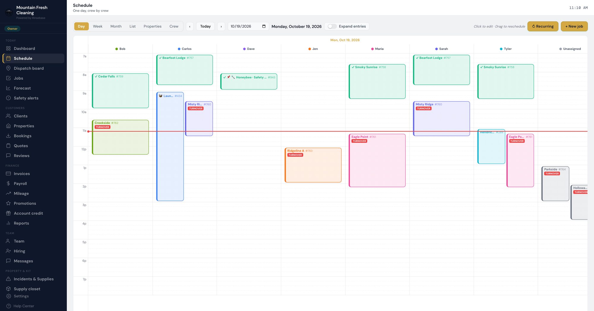 Rinsebase Schedule, one day by crew — every cleaner, the inspector and the maintenance tech in their own lane