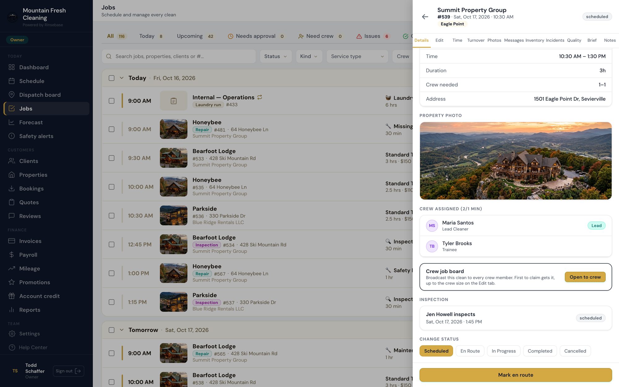 Rinsebase clean details — a scheduled turnover with its inspection booked: the inspector, the date and time, and the status