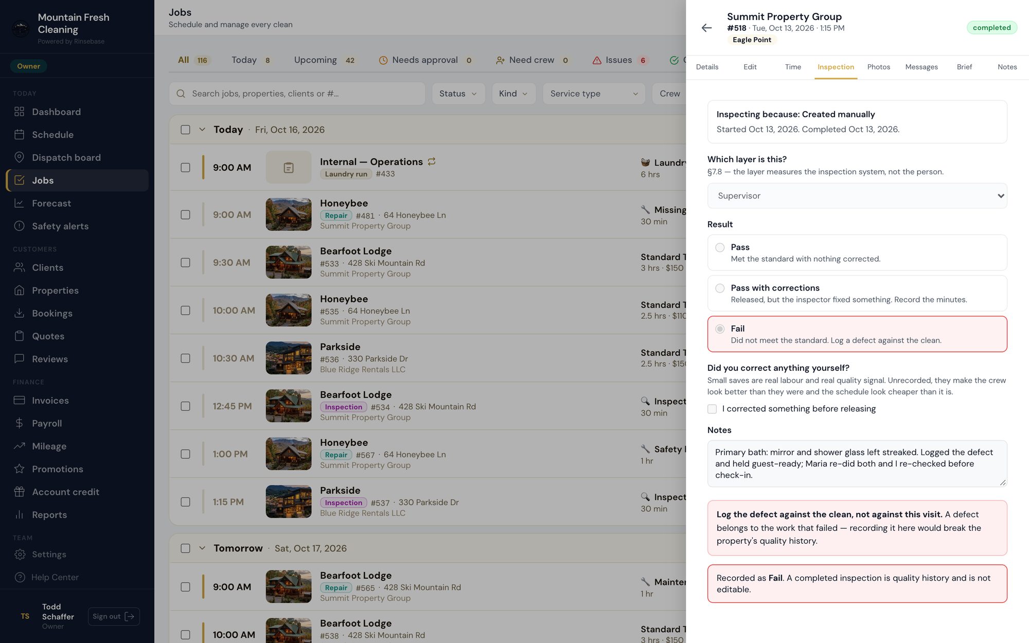 Rinsebase inspection — the inspector files Pass, Pass with corrections or Fail against the clean