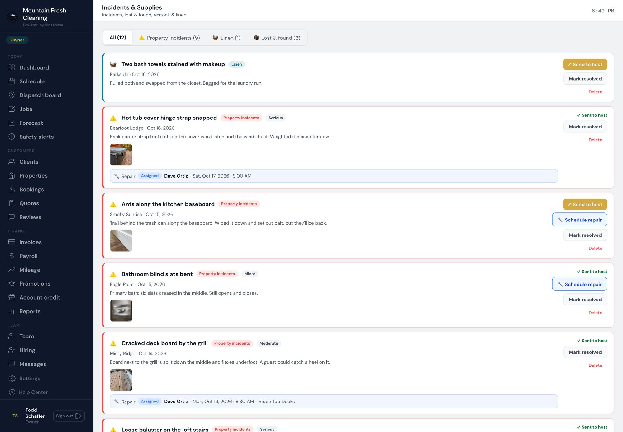 Rinsebase incidents — crew-filed issues with photos and the repair visit booked for each