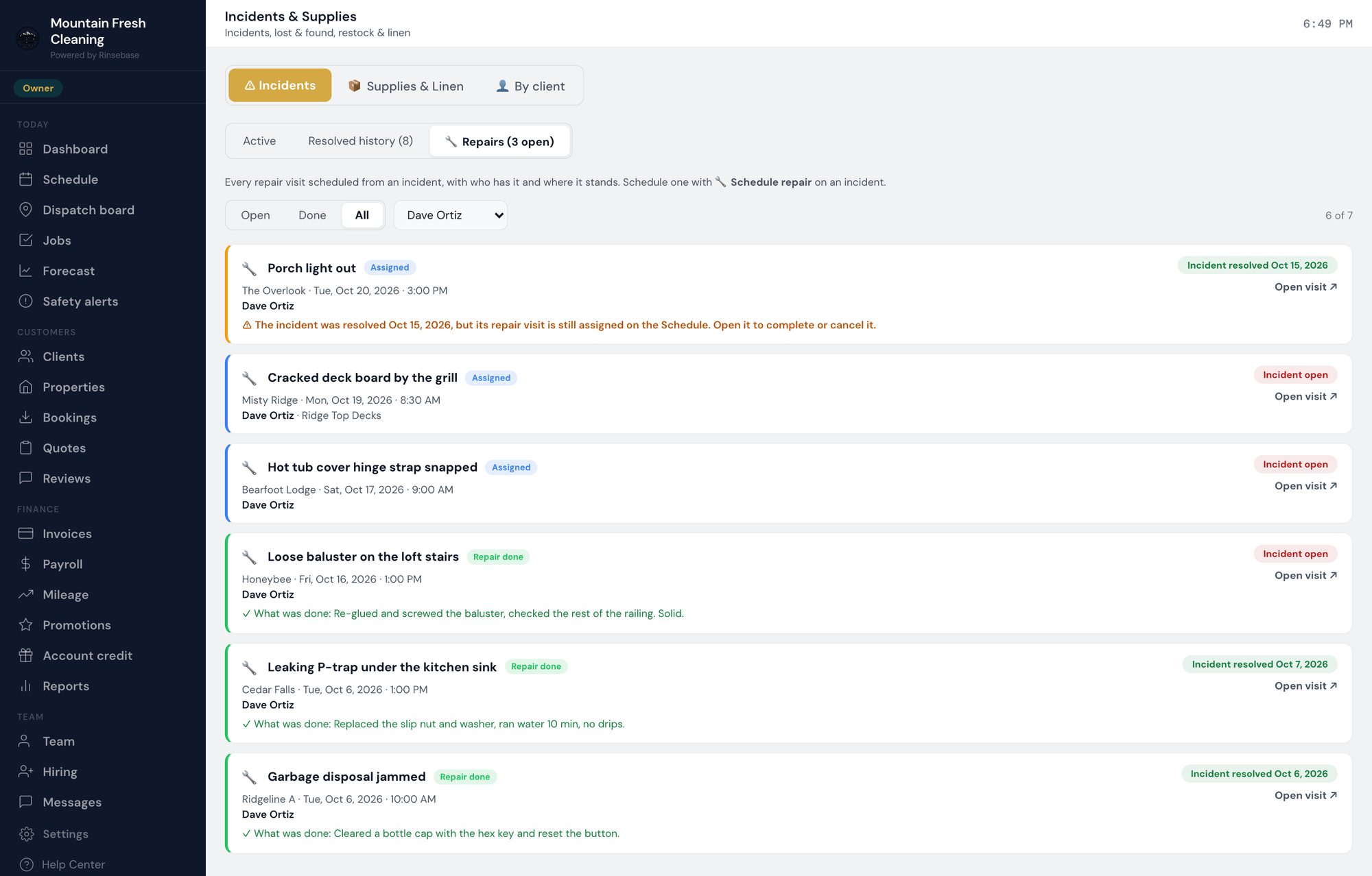 Rinsebase Repairs view — every repair visit with its stage, property, date, tech, outside contractor and what was done, plus a flag on a visit left open after its incident was resolved