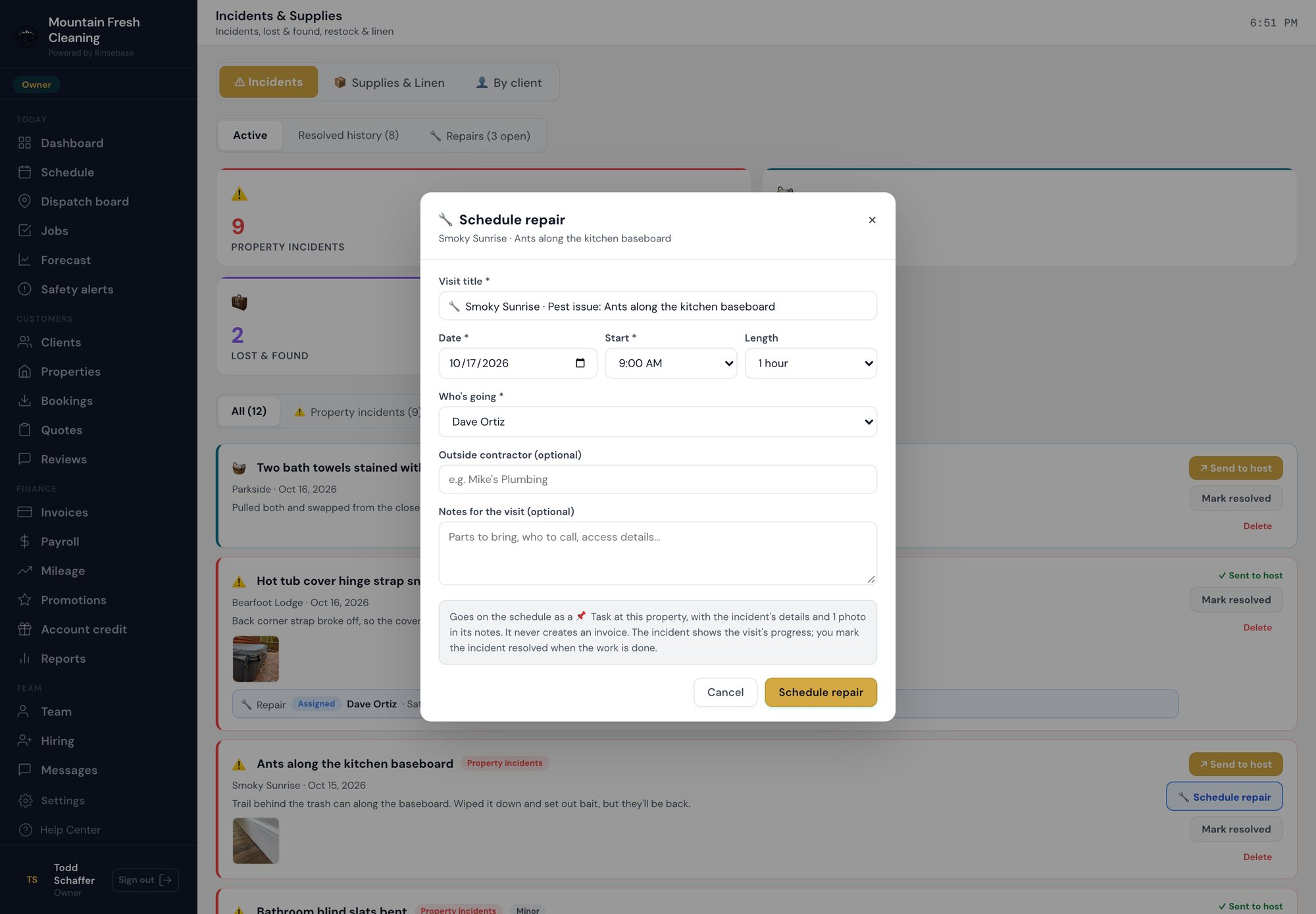 Rinsebase Schedule repair dialog — visit title prefilled from the incident, date, start time, length, the maintenance tech, an optional outside contractor and notes