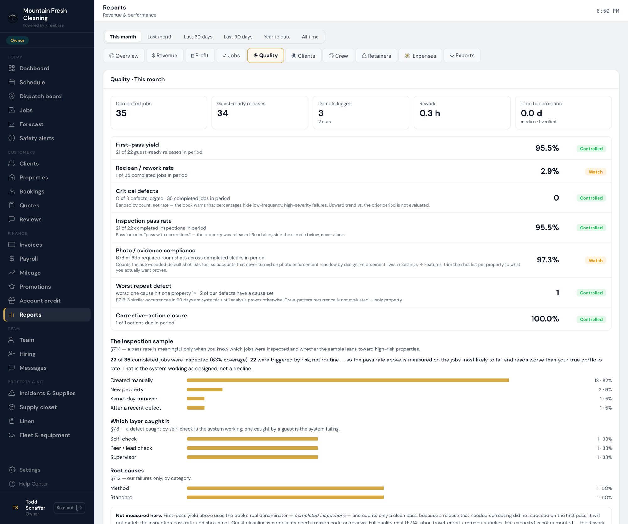 Rinsebase quality report — first-pass yield, inspection pass rate, defects and corrective actions